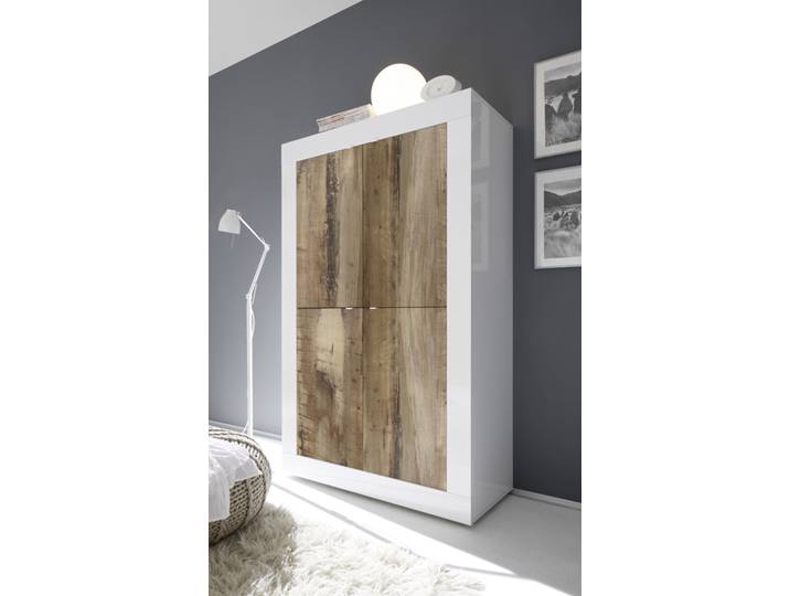 Rangement 4 portes Costa blanc brillant/poirier - Basika