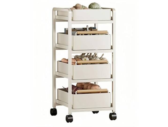 Kx9Lb8d Rollwagen Beweglicher mehrstöckiger Küchen-Aufbewahrungswagen, rollender Gemüsekorb, Organizer-Regal(Weiß,Groß)