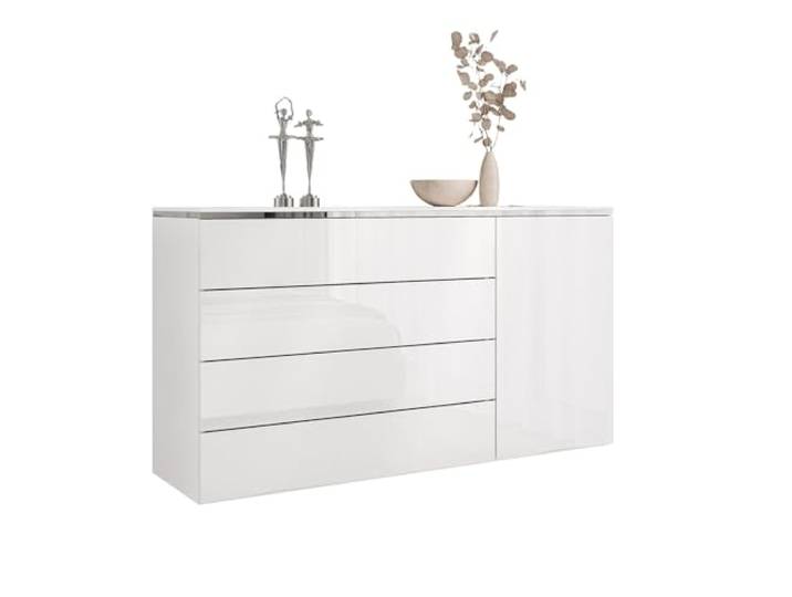 Lookway Kommode Aurora Silver 4S1D Weiß Hochglanz mit Silberdekor, Hängend oder Stehend auf Silberfüßen – Modernes Design & Luxus (Hängend)