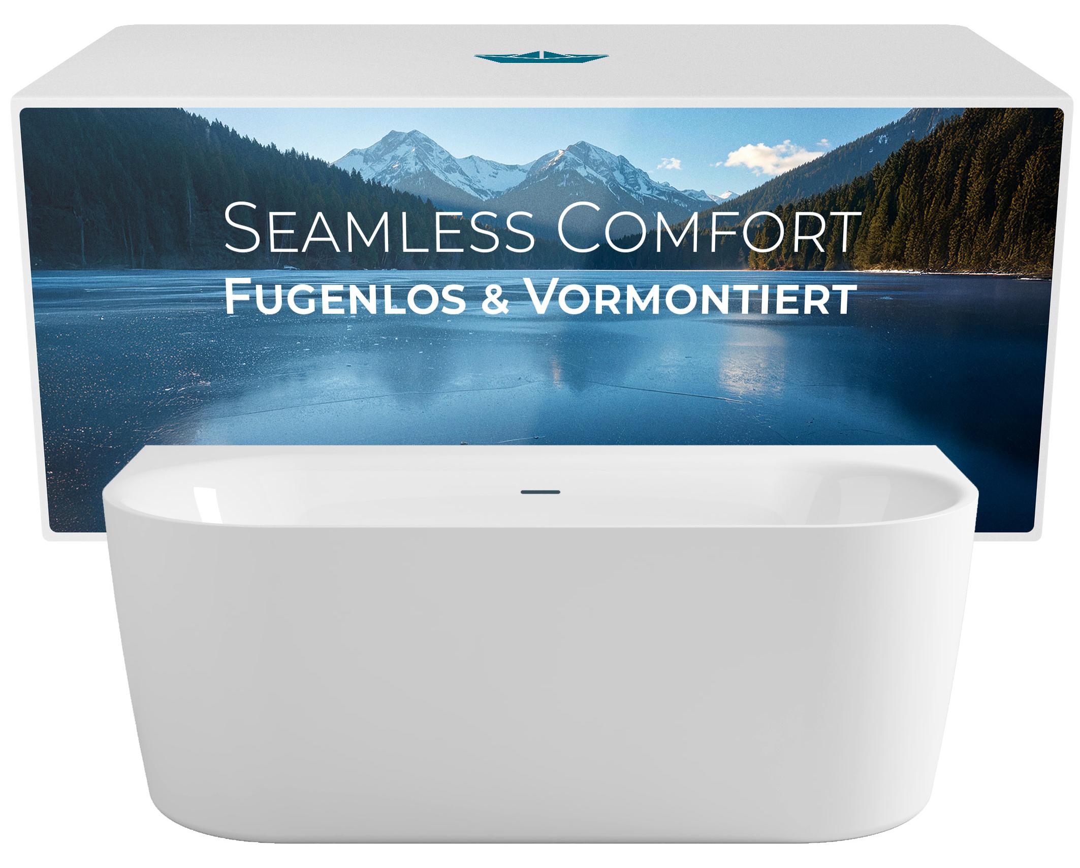 Calmwaters Vorwand-Badewanne 160x75 cm Komplettset Seamless Comfort, fugenloses Design, vormontiert mit Schürze & Ablaufgarnitur, Acryl, EU, 02SL6221