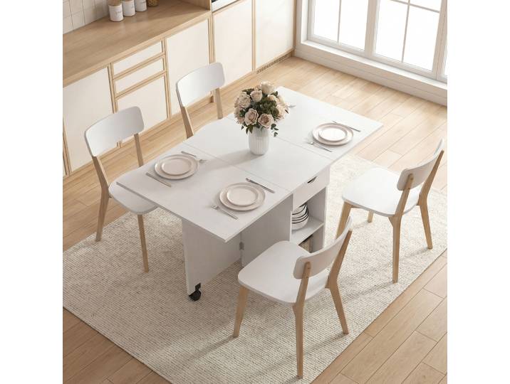 HOMCOM Table Cuisine Pliante Blanc 120x72x75cm Roulettes Tiroir