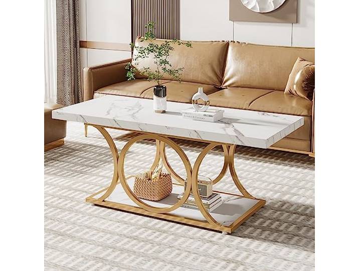 Tribesigns Rechteckiger Couchtisch, moderner wohnzimmertisch, 2-stöckiger Couchtisch aus Kunstmarmor, mit geometrischen Beinen, Möbel mit Ablagefach (Weiß & Gold)
