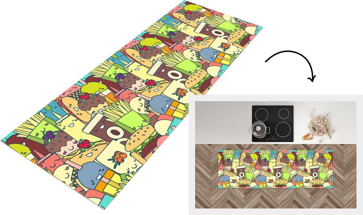 KitchenYeah Keukenloper Kawaii Fast Food Patronen - Vinyl - 180 x 60 cm