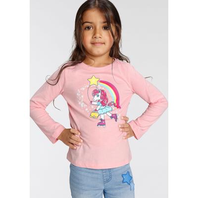 Langarmshirt KIDSWORLD "Einhorn auf Rollschuhen", Mädchen, Gr. 104/110, rosa, Single Jersey, Obermaterial: 100% Baumwolle, bedruckt, Basic, Rundhals, abgesteppte Kante, Shirts Langarmshirt, Langarm, Basic-Passform, mit stylischem Druck und Glitzerdruck