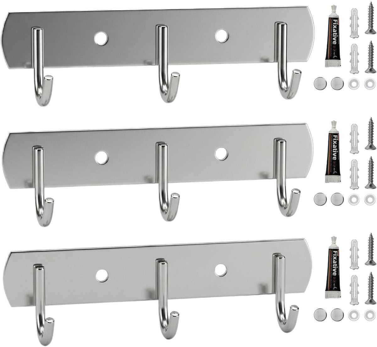 Set van 3 zelfklevende RVS hakenstrips met 3 haken per strip voor keuken, badkamer en gang
