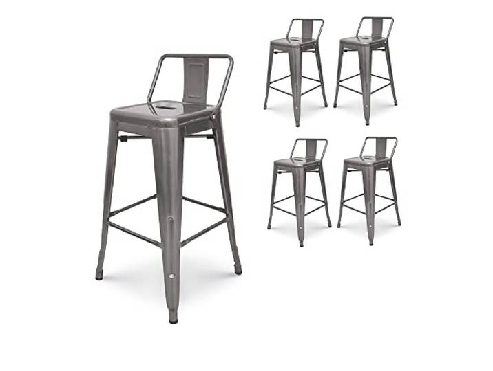 KOSMI - Lot von 4 Barhockern aus Rohmetall mit Kleiner Rückenlehne, Barstuhl Metallhocker Höhe 66cm perfekt für Küchenarbeitsplatte von ca. 90cm, verzinkt