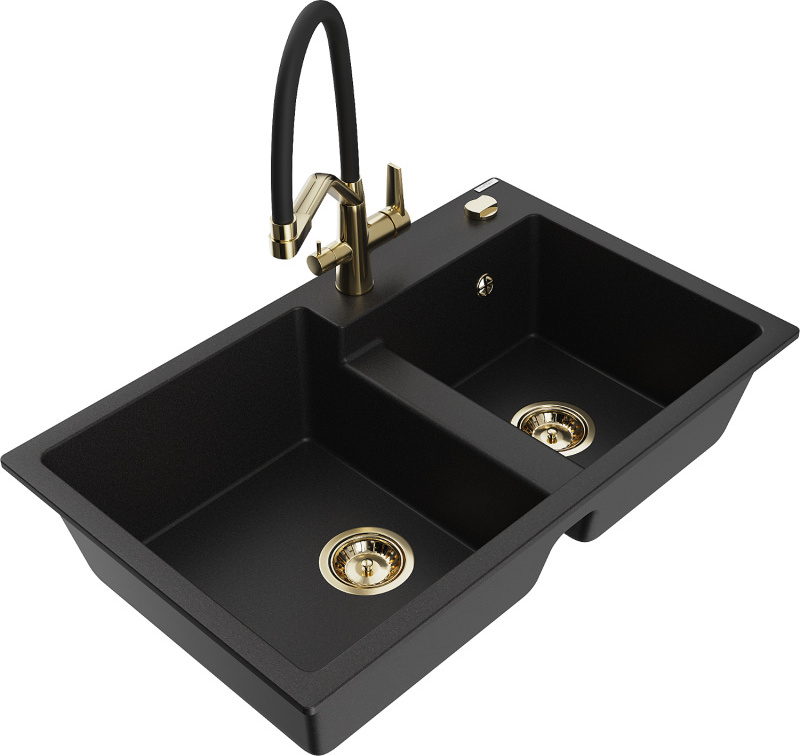 Mexen Tomas 2-Becken-Granitspüle mit Mischbatterie Duo, Schwarz - 6516-77-671701-57-G