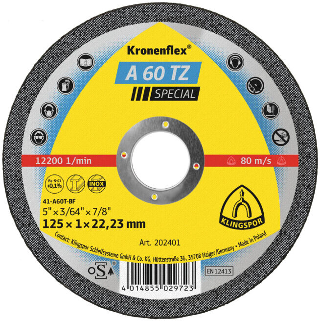 Disque de coupe Klingspor A 60 TZ125 x 1 x 22,23 mm plat (202401)