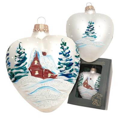 Krebs Glas Lauscha Herz mit verschneitem Haus, Silber Satin, 10cm