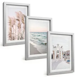 BILDER SET 3er Set - 20x30 cm Silberner Rahmen - Pflanzen, Meereswellen, Aussicht, Häuser