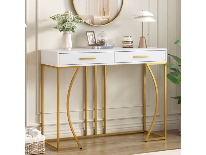 Table de console - 110x32x85 cm - 2 tiroirs - MDF et métal - Blanc/Or
