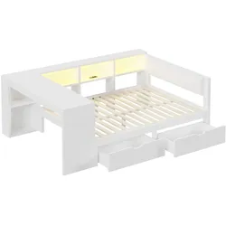 OKWISH Plattformbett MDF/Sperrholz Weiß 140x200 cm mit gepolstertem Kopfteil, 2 Schubladen, Ablagen, USB-Ladestation und LED-Licht
