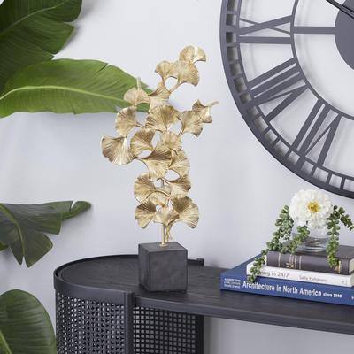ARCILLA ELEMENTAL Gold Polystone Handmade Floral Decorative Sculpture with Black Block Base
