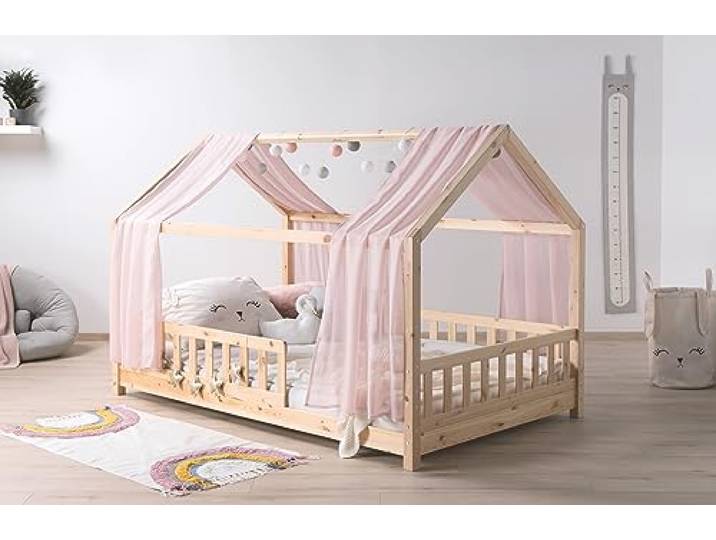 TiCAA Kinderbett Hausbett mit Tüll Kim inkl. Rolllattenrost