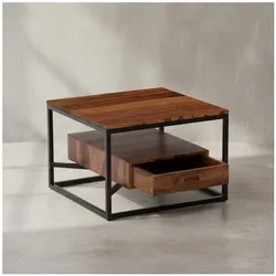 KADIMA DESIGN Moderner Sofatisch mit Schublade, Quadratisches Design, Couchtisch Sheesham Massivholz/Metall, 60x60x40 cm