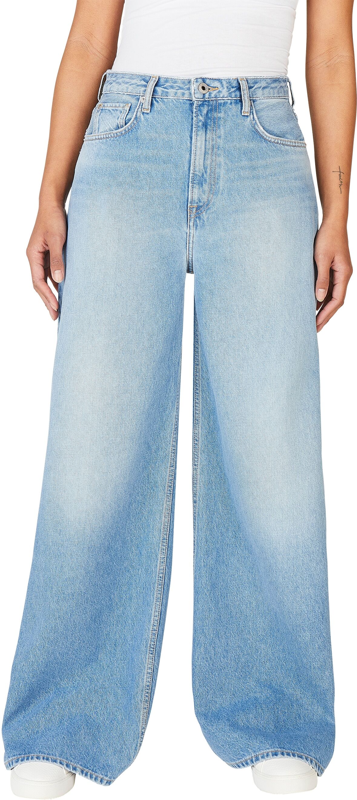 Schlagjeans PEPE JEANS "WIDE LEG JEANS UHW", Damen, Gr. 31, Länge 34, blau (med blau rigid denim), Denim/Jeans, Obermaterial: 100% Baumwolle, weit lang, Jeans Schlagjeans med blau rigid denim 31, Länge 34