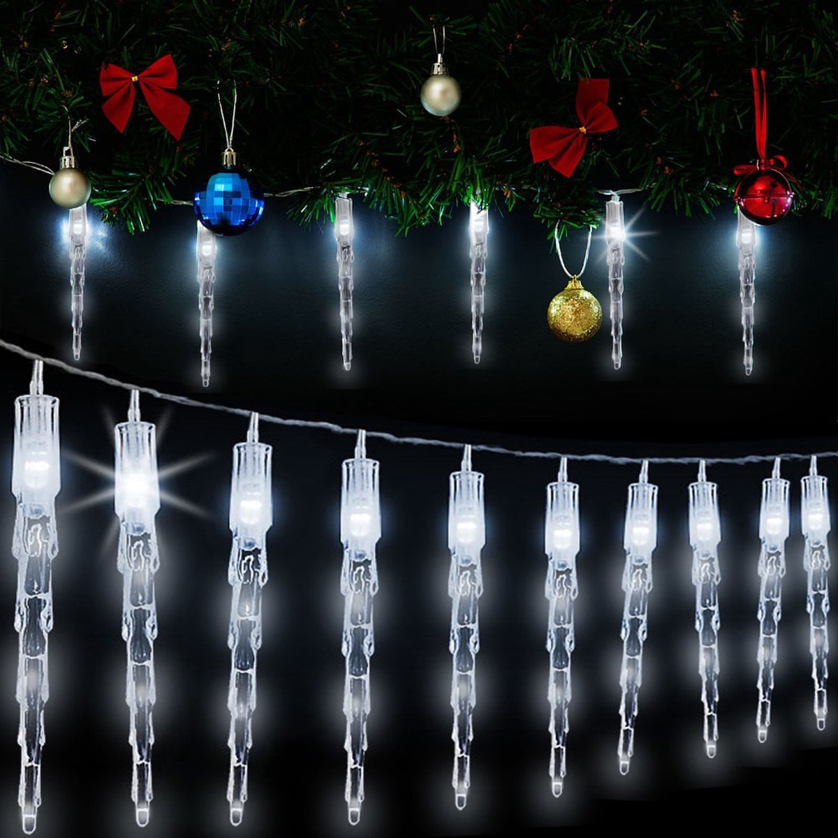 Monzana LED Kerstverlichting Lichtsnoer met 40 Ijspegels, Wit, met Afstandsbediening, 8 Lichtstanden en Timer voor Binnen en Buiten