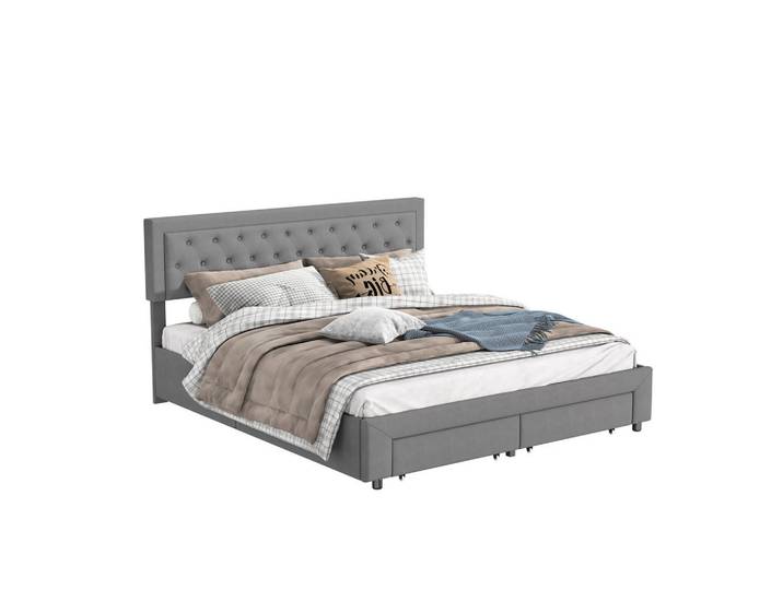Shopentra Staurabett 160x200 Grau Samt mit Schubladen, 160x200 cm, Schlafzimmer, Betten