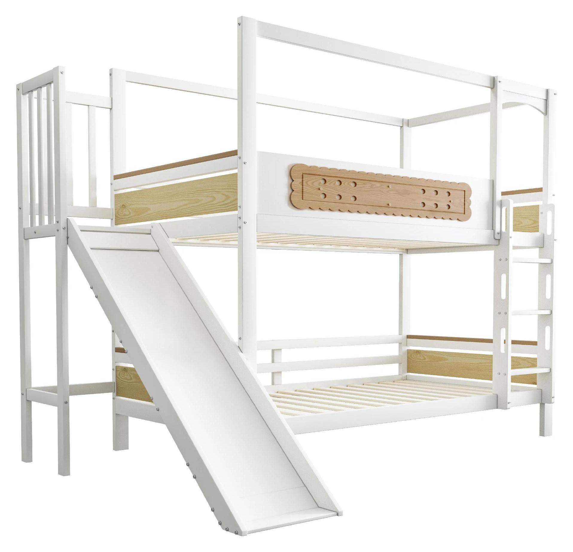Kinderbett - Etagenbett 90x200 cm - Hausförmiges Bettgestell - Rutsche - Extra breite Sicherheitsleiter - Stauraum - Holz - Weiß