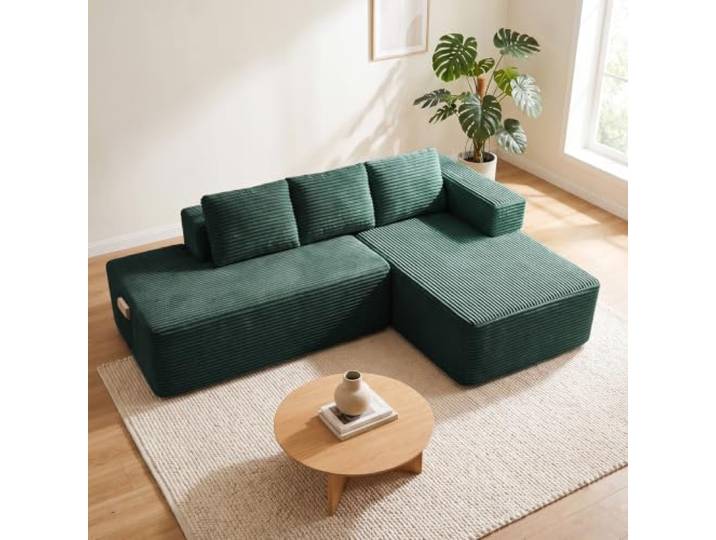 COMHOMA Ecksofa mit Schlaffunktion, 228cm Corduroy Modulares Boneless Couch mit Chaiselongue & Rücken-Metallgestell, L-Form Schlafsofa mit offenem Design, Kissen & Seitentaschen,für Wohnzimmer, Grün