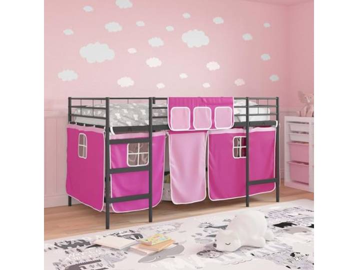 KTHLBRH Hochbett mit Zelt für Kinder, Schwarz und Rosa Gestell aus Metall, Zelt aus atmungsaktivem Netz, an der Wand, Matratze 100 x 200 cm