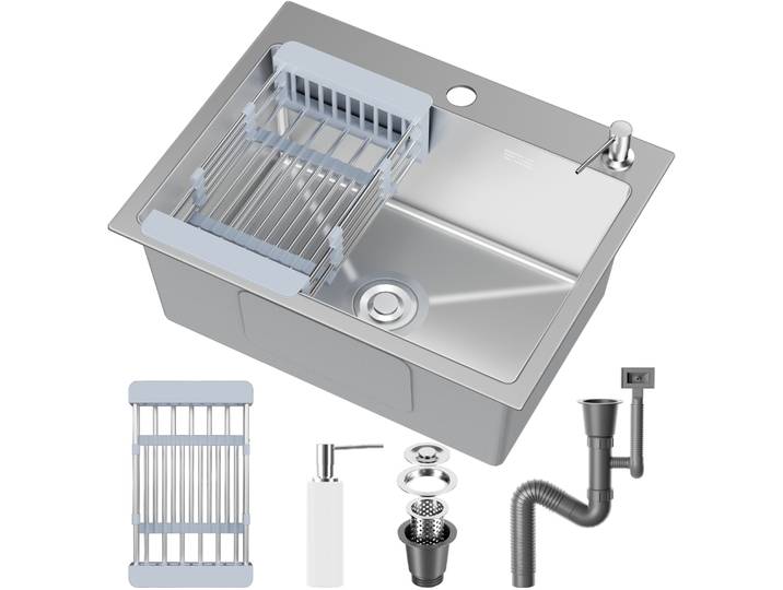 VELPAX Evier Cuisine 1 Bac 68 x 45 cm, Inox avec Filtre de Vidange, Poser avec Trous pour Robinets