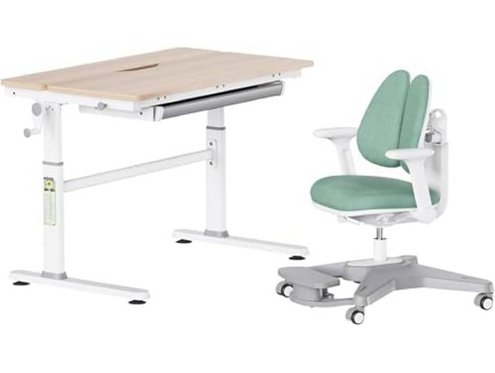 HOKO Kinderschreibtisch-Set mit 0-50°neigbarer Tischplatte und Kinderstuhl 100x60 cm mit Tischplatte, 1 Schublade, Haken, Stuhl mit verstellbarer Rückenlehne & Fußstütze,Holzoptik/Grün, LUKA & ANTON