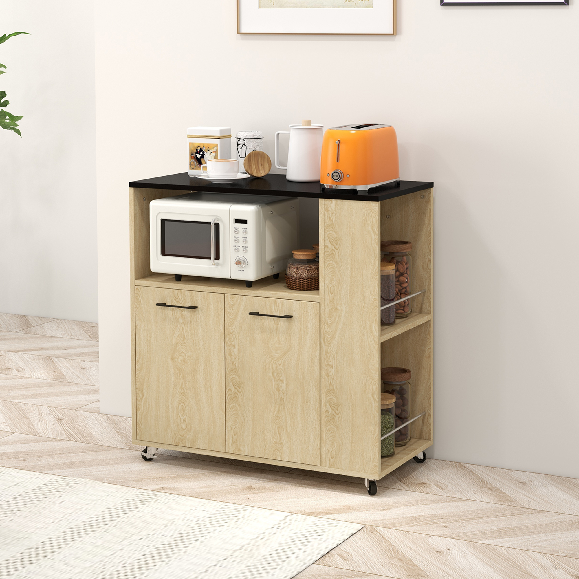 Homcom Carrello da Cucina con Ripiano Aperto, Armadietto e Scaffale Laterale, in Legno, Mobiletto Cucina con Ruote, Rovere e Nero   Aosom Italy