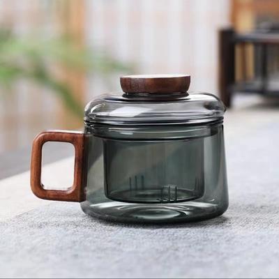 Rare Purchases High Borosilicate Glass Teacup, Glass Tea Cup With Filter And Wooden Handle, Home Office Tea Separation Mug, Kung Fu Tea smoky Gray