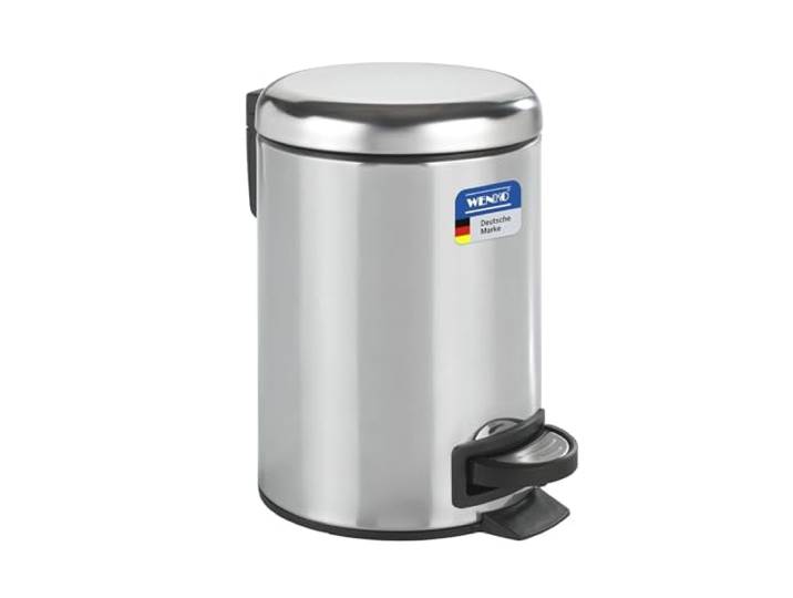 WENKO Kosmetikeimer 3 Liter, rostfreier Edelstahl, mit Absenkautomatik, Anti-Fingerprint, herausnehmbarer Inneneimer mit Müllbeutelhalter, Mülleimer fürs Bad mit Tretfunktion, matt, Mod. Leman