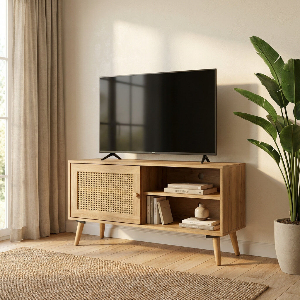 Bay Isle Home Anagh & Rattan 1 Door Small Tv Stand Unit Oak Wood 49"