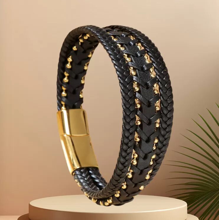 INF Stilvolles geflochtenes schwarzes & goldenes Herrenarmband - Handgefertigt