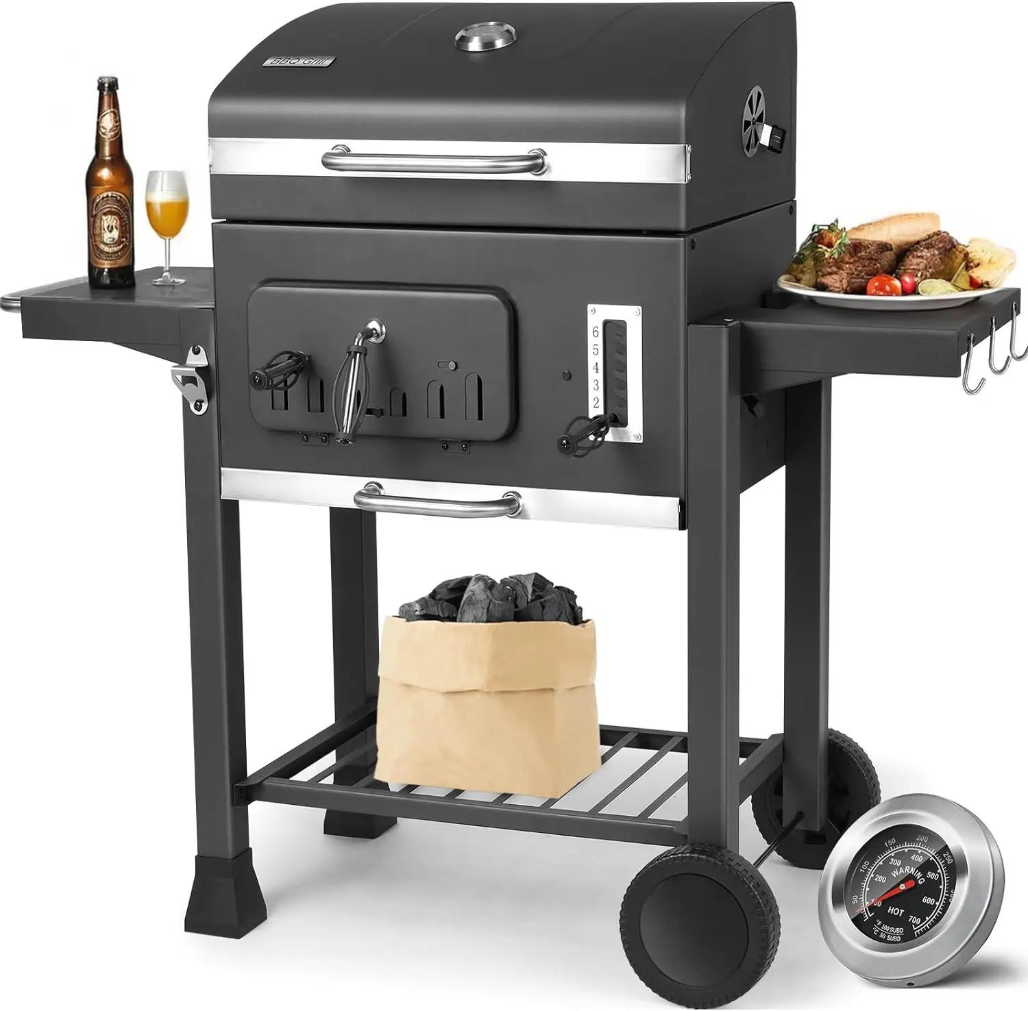 Großer Holzkohlegrill BBQ - Grillwagen - Extra große Grillfläche - Höhenverstellbare Kohlewanne - 2 Seitenablagen - Fahrbar mit Rädern - Für draußen - Schwarz