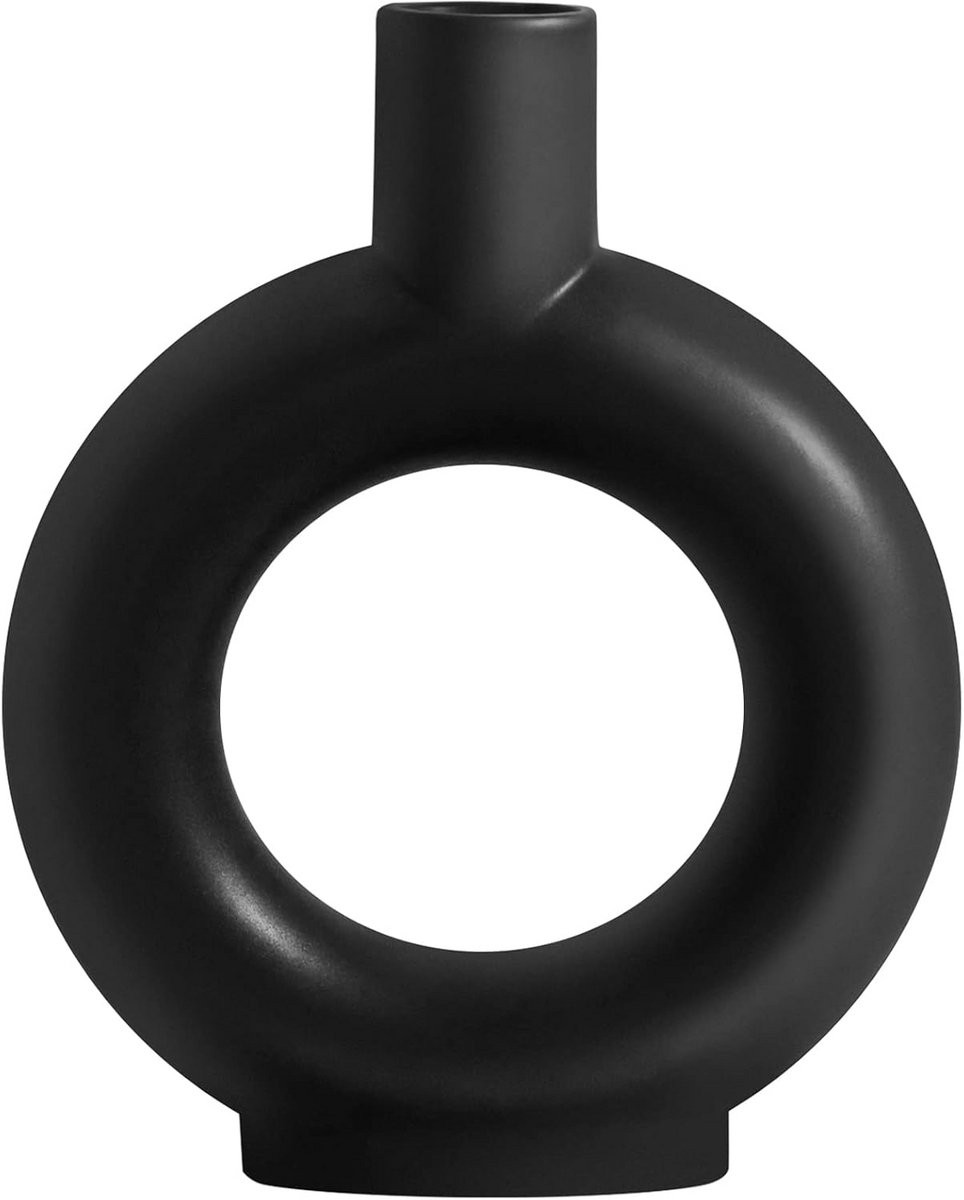 Keramische Doughnut Vaas Zwart - Uniek Hol Ontwerp - Hoogte: 23 cm