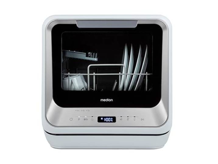 MEDION Mini Geschirrspüler DWT20 (Tischgeschirrspüler, Spülmaschine, 2 Maßgedecke, funktioniert mit/ohne Wasseranschluss, 6 Reinigungsprogramme, Babyflaschen, Startzeitvorwahl, freistehend) silber