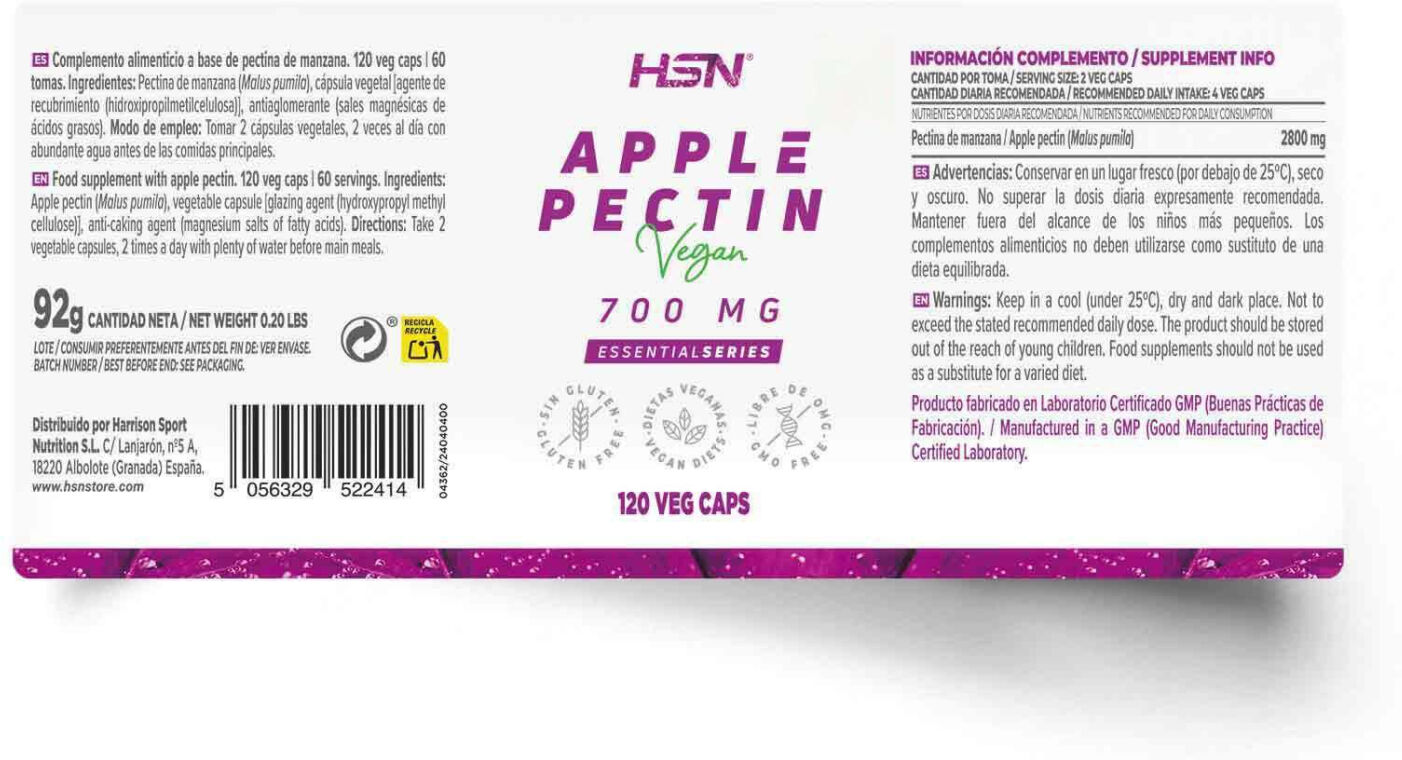 HSN Pectina de manzana 700mg - 120 veg caps - Colesterol - Cápsulas Vegetales - 60  Servicios