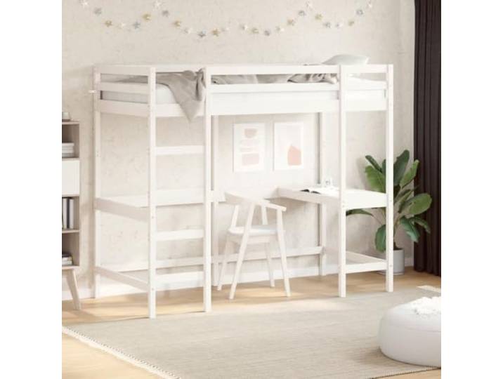 Massives Kiefernholz Hochbett mit Schreibtisch Schutzgitter Weiß 90x200 cm Hochbett mit Schreibtisch Weiß 90x200 cm Massivholz Kiefer mit Sicherheitsgeländer und Regal für Kinderzimmer Schlafzimmer