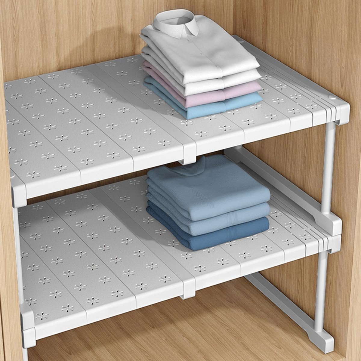 Merkloze uitbreidbare plankverdeler voor kastorganisatie in de keuken, badkamer of slaapkamer