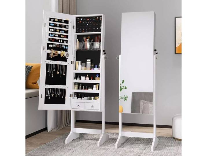 2 en 1 Armoire à bijoux - étagère à échelle Armoire à bijoux Miroir Étagère à bijoux 152x41x36.5cm Blanc