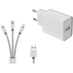 DLH 12W USB-A CHARGER 3 IN 1 CABLE (12 W, 1 Port), USB Ladegerät, Weiss