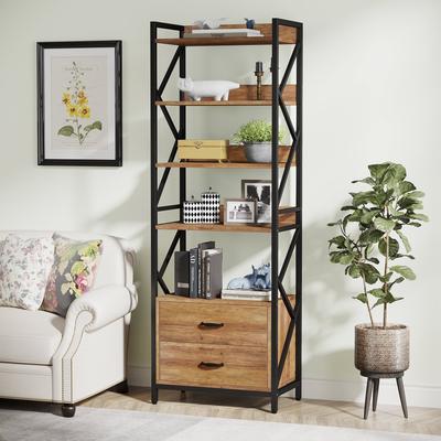 YUZHOU 5-Tier Bookshelf Industrial Bookcase with 2 Drawers