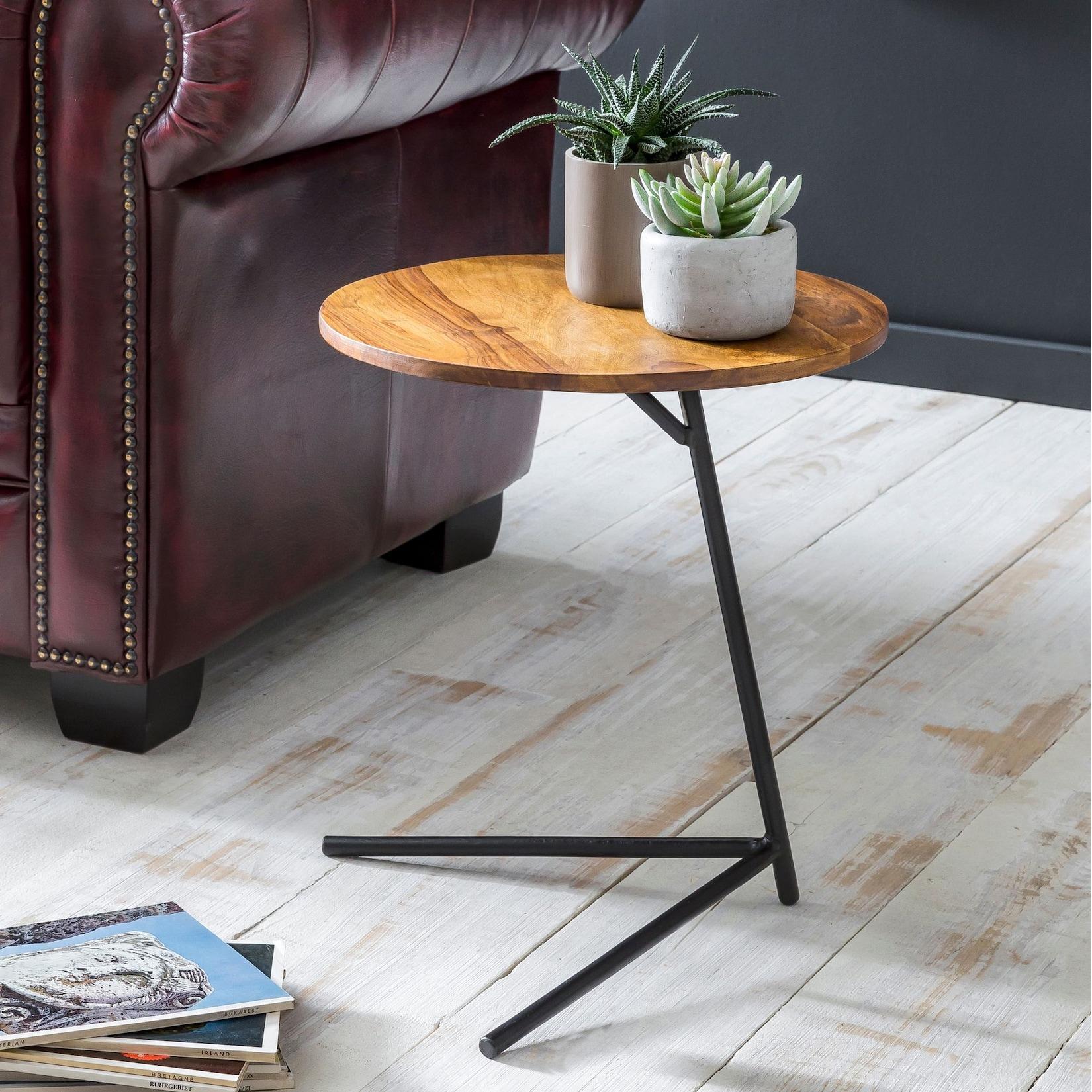 FineBuy Design Beistelltisch Ø 40 cm Couchtisch Sheesham Massivholz Metall
