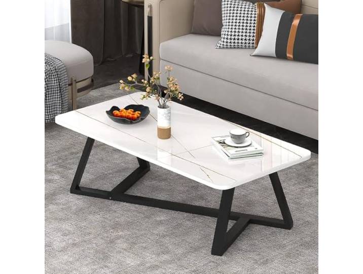 Couchtisch aus Glas, moderner rechteckiger Couchtisch & Beistelltisch aus Kunstmarmor mit schwarzem Metall-Basisrahmen, moderne Wohnzimmer-Tisch-Sets für Wohn(Size:120X60X45CM,Color:Weiß / Goldfarben)