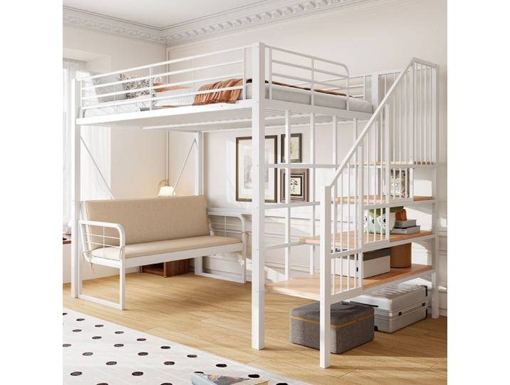 Lit Mezzanine avec canapé - Cadre en métal stable - Canapé rembourré amovible - Échelle sécurisée avec rangement