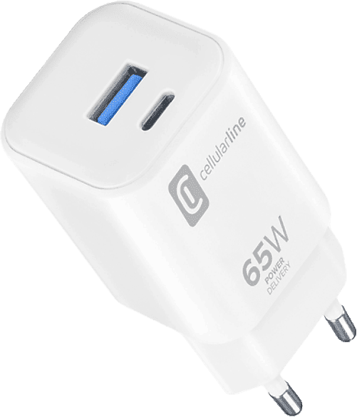 Cargador móvil - CellularLine Dual Charger, 65 W, Carga rápida, USB C, A, Universal, Blanco
