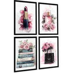 POSTER Set mit 4 Schminke, Schönheitsblumen, Tasche, Parfüm, Lippenstift A3 Schwarzer Rahmen