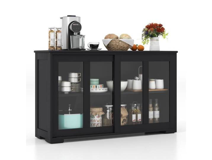 COSTWAY Buffet de Cuisine Meuble Commode Rangement Cuisine L106 5 cm – MDF Noir 2 Etagères avec 2 Porte Coulissantes en Verre