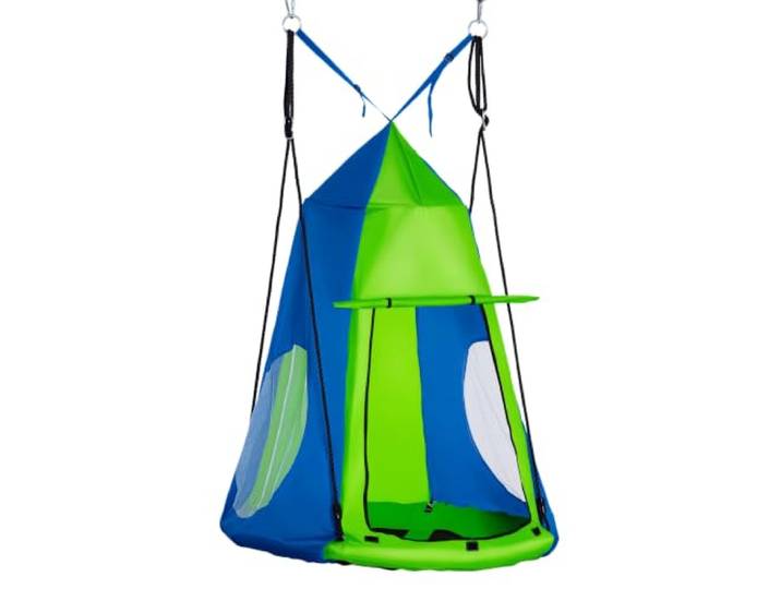 Outsunny Balançoire Nid d'Oiseau Ronde Tente Amovible Ø 100 cm Vert Bleu 4 Anneaux Inclus\, Métal Époxy\, Oxford Haute Densité