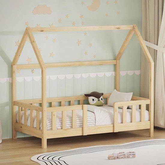 Kinderbett im Hausform-Design - Holzbett - Für einen sicheren Schlaf - Mit Schutzgitter - 70x140 cm - Natürliche Optik