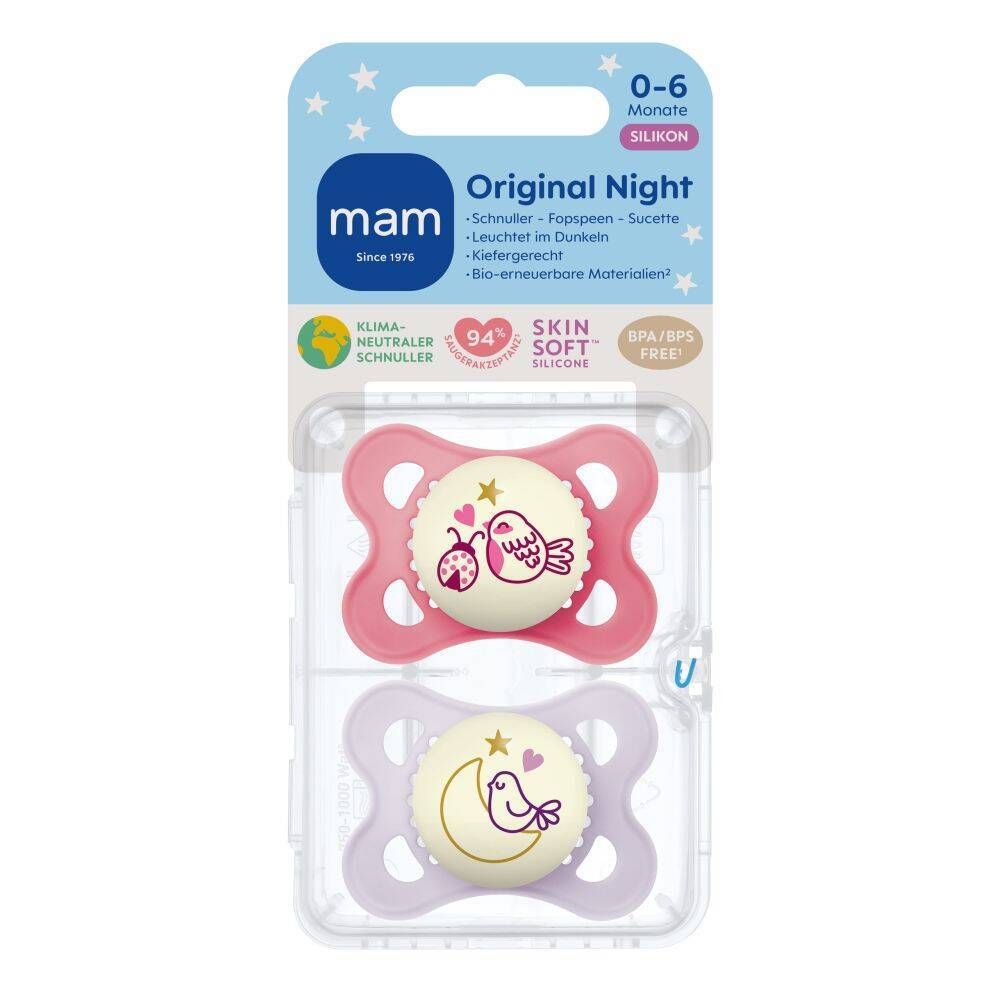 MAM Original Night Fopspeen Silicone Pink 0-6 2 St Schnuller